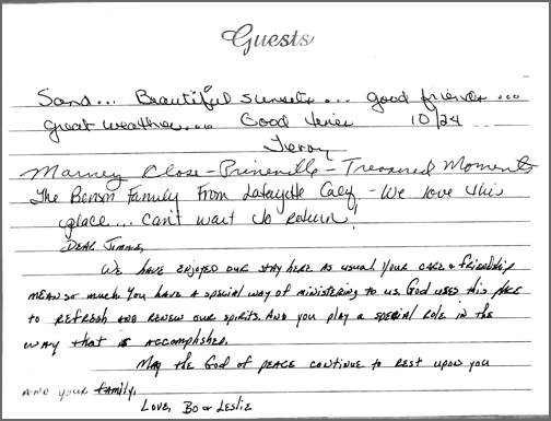 A guest comment taken from the guest book in one of our rooms