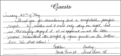 A guest comment taken from the guest book in one of our rooms