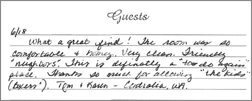 A guest comment taken from the guest book in one of our rooms