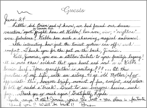 A guest comment taken from the guest book in one of our rooms