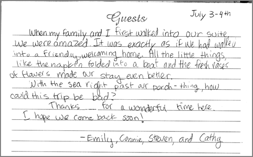 A guest comment taken from the guest book in one of our rooms