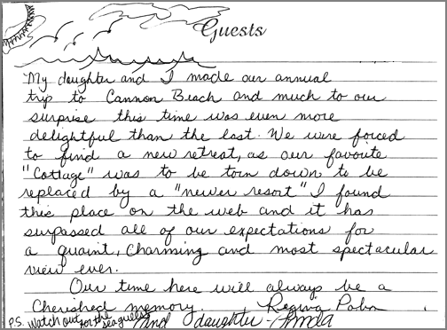 A guest comment taken from the guest book in one of our rooms