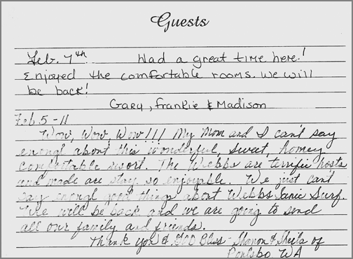 A guest comment taken from the guest book in one of our rooms