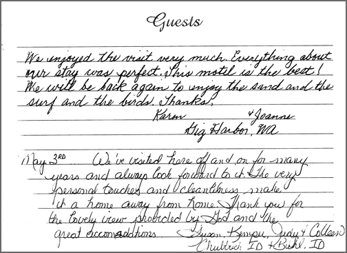 A guest comment taken from the guest book in one of our rooms