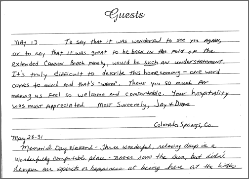 A guest comment taken from the guest book in one of our rooms