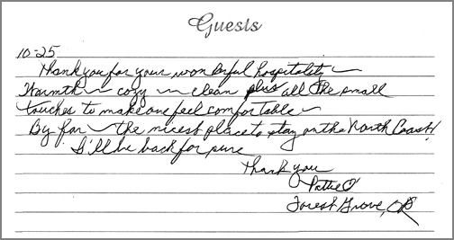 A guest comment taken from the guest book in one of our rooms