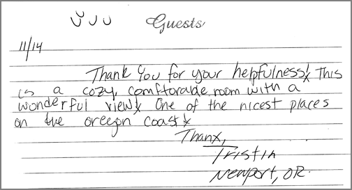 A guest comment taken from the guest book in one of our rooms